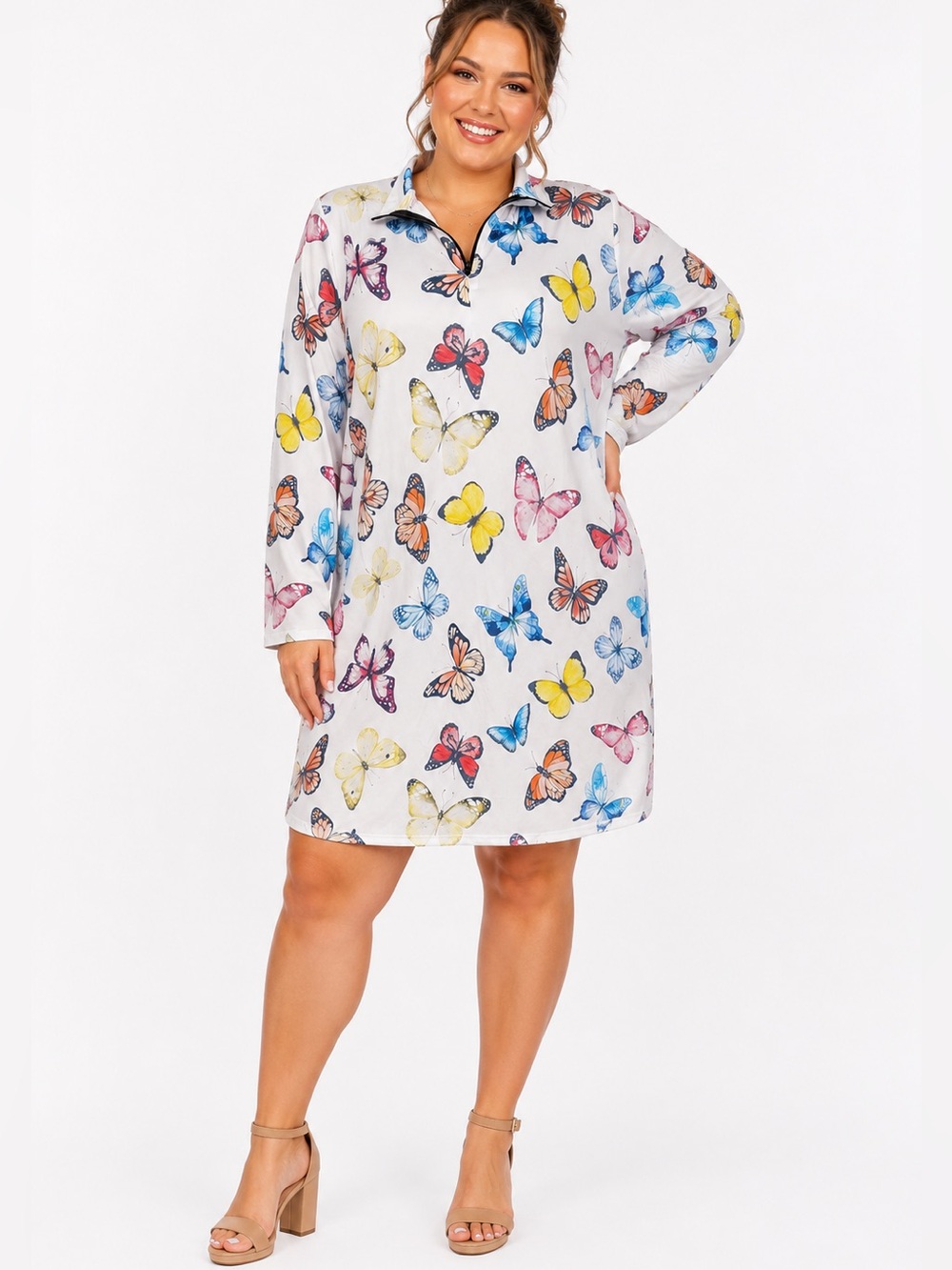 Curvy Girl By Ashley Stewart Dress Midi White Butterfly Long Sleeve Stretch